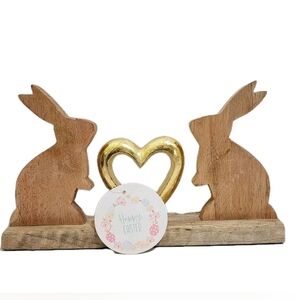 nwt Wooden Easter Bunnies Gold Heart Table Decor Stand TRIBAL DESIGN